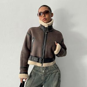 Femmes 2025 hiver Chic recadrée en peau de mouton veste Vintage à manches longues surchemise fermeture à glissière vêtements d'extérieur décontractés mode - Product Image 2