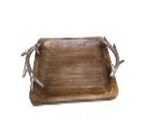 Bandeja de madera decorativa hecha a mano personalizada con mango de metal, último plato de servicio y platos para platos de cena de té y café - Product Image 1