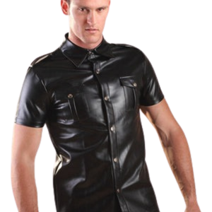 Chemise en cuir noir pour homme, manches courtes, faux cuir, boutons sur le devant, haut de clubwear fétiche - Product Image 3