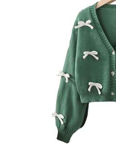 Customized Women Olive Green <b>Cropped</b> Knit Cardigan Sweater With <b>White</b> Bow Applique V Neck Button Front Cute Winter Fashion <b>Top</b> - Product Image 3