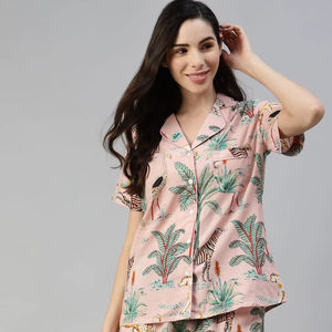 Conjunto de Pijama de Mujer con Estampado Floral, Algodón Voile, Manga Corta, Cuello en V, Cierre de Botones, Tejido Transpirable, Suave y de Secado Rápido, Primavera - Product Image 1