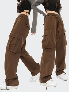 Pantalones Cargo Grises para Mujer, 100% Algodón, Corte Holgado, Cintura Media, Cordón Elástico, Largos, Estilo Casual, Color Sólido - Product Image 6