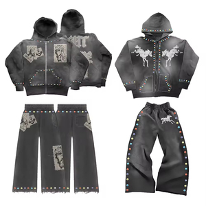 Conjuntos de pantalones de chándal de peso pesado lavados Vintage de alta calidad, chándales con diamantes de imitación bordados con impresión de logotipo personalizado para hombre - Product Image 2