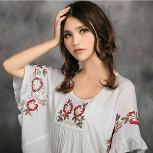 ชุดเดรสสั้นแบบโบฮีเมียนของผู้หญิง,ชุดกระโปรงคลุมสะโพกแขนสามส่วนปักลายดอกไม้สไตล์อินเดีย - Product Image 5