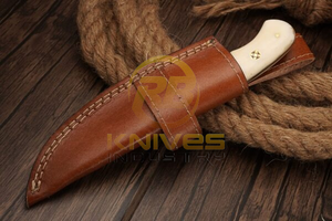 Cuchillo de Caza y Camping de Acero de Damasco Hecho a Mano Más Vendido |   Cuchillo Skinner de Hoja Fija Personalizado con Mango de Hueso y Funda de Cuero OEM - Product Image 5