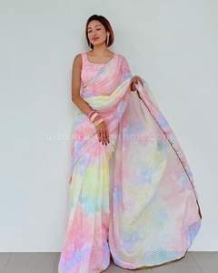 Venta caliente Diseñador de lujo Georgette Saree Impresión digital con bordado de lentejuelas Trabajo para mujeres Boda india y desgaste de fiesta - Product Image 1