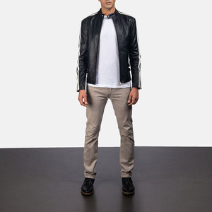 <b>Men's</b> Black PU Leather Moto <b>Jacket</b> Stand Collar Zip Front Slim Fit Regular Sleeve <b>White</b> Stripe Detail Autumn Wear - Product Image 4