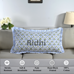 Housse de coussin lombaire RIDHI 20x36 à volants bleus en acier léger, motif floral, imprimé à la main sur coton, personnalisable, amovible, lavable, décorative - Product Image 5