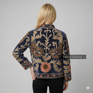 Veste universitaire en velours brodé floral bohème, anti-rides, écologique, coupe-vent et respirante, en coton Suzani, pour l'hiver et l'automne - Product Image 6