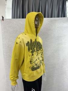 Sweat à capuche zippé délavé au soleil de qualité supérieure pour hommes, surdimensionné, épaules tombantes, streetwear, impression personnalisée, style délavé - Product Image 2