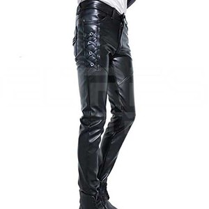 Pantalon en cuir décontracté pour hommes Original 100% Matériau en cuir original de haute qualité léger et droit à rayures incurvées - Product Image 3