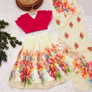 Conjunto de Lehenga Choli de Organza Floral de Diseño para Niñas, Secado Rápido, Estilo Shoryam, Blusa Elegante con Volantes, Estilo Indo-Occidental - Product Image 2