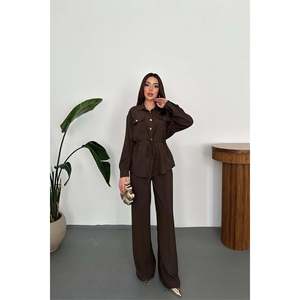 Brown Button Detail Shirt And Ribbed <b>Trousers</b> - Brown - Product Image 1