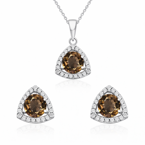 Wholesale Trendy 3-Piece 925 Silver Rhodium Plated Fine Jewelry Set Women's Smoky Quartz CZ Pendant <b>Earrings</b> Wedding Engagement - Product Image 4