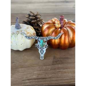 Bague ajustable en argent sterling turquoise avec crâne de taureau et serti clos, Leroy James Royston - Product Image 1