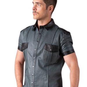 Slim Fit Leather Shirt Grey and Black Mens Faux Leather <b>Short</b> <b>Sleeve</b> Fetish Clubwear Top - Product Image 1