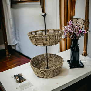 Cesta de fruta personalizable de 2 niveles, cuerda de Yute natural y metal tejido a mano por artesanos indios, almacenamiento de ratán con estilo floral - Product Image 4