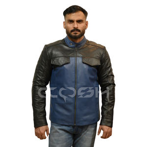 Veste de motard en cuir bleu nuit de style urbain moderne, veste streetwear bicolore avec poches poitrine - Product Image 5