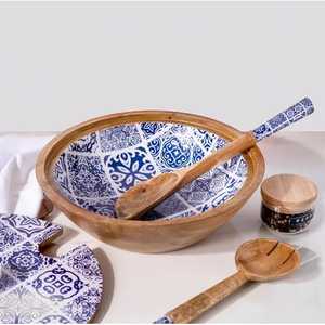 Bol rond en bois imprimé de 6 pouces Ensemble de bols en bois de manguier Design Passe au lave-vaisselle Vaisselle naturelle Ensemble de serveur de salade Meilleure qualité - Product Image 4