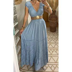 Robe longue élégante Boho Chic à manches évasées et col en V smockée à taille naturelle pour femmes 100% coton écologique - Product Image 1