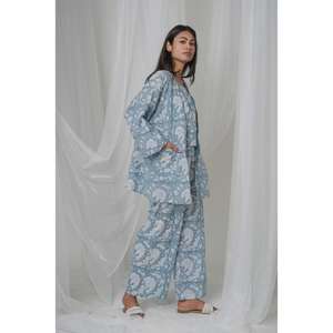 Ensemble coordonné en coton imprimé bleu pour femmes, pantalon large à jambes larges à motifs floraux gothiques, style ethnique décontracté, vêtements de détente - Product Image 3