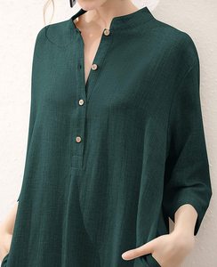 100% Cotton Solid Color Clothing for Women V-Neck Fashion <b>Three</b> Quarter Sleeve Dress - Product Image 4