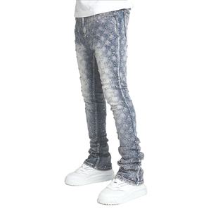 Pantalones vaqueros de mezclilla lavados con ácido azul personalizados con diamantes de imitación en toda la pierna recta pantalones vaqueros apilados de talla grande para hombres - Product Image 3