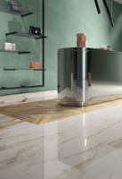 Dalles en grès effet marbre veiné doré 100 % fabriquées en Italie, finition naturelle polie pleine masse, grandes dalles pour chambres d'hôtel, design graphique