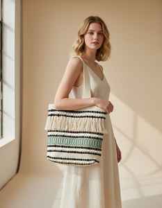 Sac bandoulière chic bohème en coton avec chaînes, sac de plage réutilisable fait main écologique pour femme, style vintage, motif uni - Product Image 3