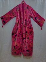 ROSE oiseau imprimé velours Long Kimono vêtements de plage robe cadeau pour elle à la main couvrir Peignoirs de bain velours mariée Robe Kimono de mariage