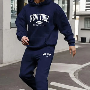 Conjunto deportivo para hombre, con camiseta deportiva con capucha con letras estilo Nueva York, mangas largas, informal, cómodo, con bolsillos - Product Image 1