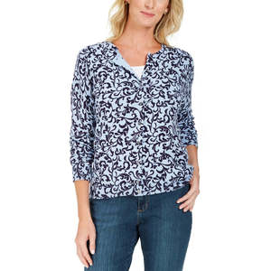 Cardigan Casual da Donna Karen Scott con Stampa Floreale Blu Taglia X-Small in Lana per la Stagione Autunnale con Decorazione a Bottoni - Product Image 1