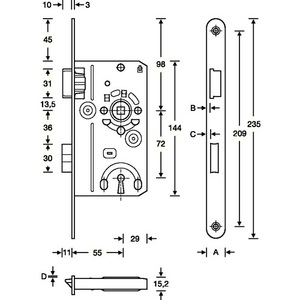 Serrure à mortaiser BB 20/55/72/8 mm pour portes intérieures DIN Gauche Argentée Arrondie Classe 2 pour casiers de rangement en zinc moulé sous pression SSF - Product Image 3