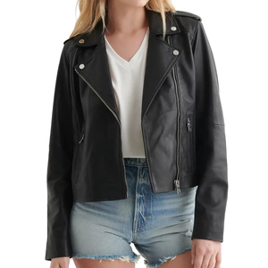 Veste de motard en cuir véritable noir pour femme, personnalisée, avec revers cranté et poches latérales zippées, vente en gros - Product Image 1