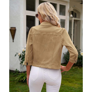 Chaquetas vaqueras recortadas transpirables para mujer, chaqueta universitaria elástica de 34 mangas abullonadas, chaqueta desgastada con bolsillos - Product Image 5