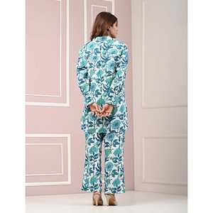 Conjunto de Dos Piezas de Algodón Estampado Verde Mar para Mujer, Talla XS, con Patrón Floral, Lazo, Botones y Plumas, Estilo Informal Holgado para Verano y Otoño - Product Image 5