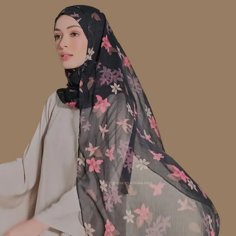 Nouvelle Mode Modeste Crêpe de Soie Mousseline de Soie Châles Musulman Hijab Femmes Écharpe Imprimé Mousseline de Soie Tête Accessoires Hijab Écharpe