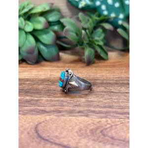<b>Mens</b> Navajo Turquoise Coral Sterling <b>Silver</b> <b>Ring</b> Size 10.5 Rhodium Plated - Product Image 5