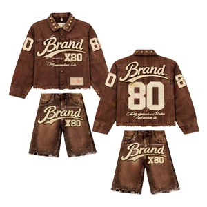 Ensemble veste et short en jean marron en gros, style rétro délavé, veste en jean déchirée courte, ensembles de jorts pour hommes - Product Image 1