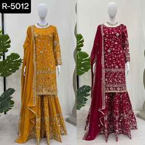 Traje de boda de estilo indio y pakistaní Faux Georgette Sharara con hilo y trabajo de secuencia Salwar Kameez con talla grande - Product Image 2