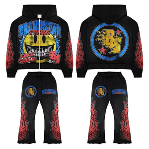 Acid Wash 2-Piece Men's Winter <b>Tracksuit</b> Set Vintage Flared Sweatpants Full Zip Hoodie Regular Fit OEM Printed High Street Style - Product Image 2