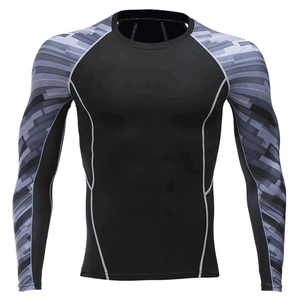 T-shirt de compression à manches longues pour homme, noir et bleu, imprimé géométrique, séchage rapide, pour MMA, BJJ, fitness et entraînement - Product Image 2