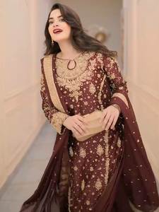 Ağır Çiçek Desenli Keten Kumaş Çoklu Moti ve Dokuma İşlemeli Parti Şenlikli Salwar Kameez İpek Dupatta Ters Çevrilebilir Hafif Konforlu - Product Image 2