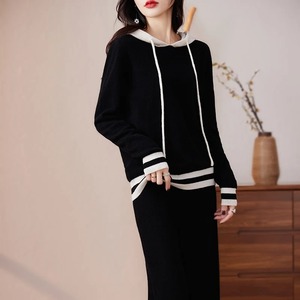 Otoño/Invierno nuevo 100% Sudadera con capucha de Cachemira pura de dos piezas para mujer suéter de manga larga de punto con capucha pantalones de pierna ancha de lana SuitFall/Winte - Product Image 3