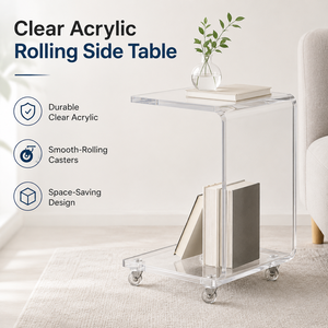 Modern Clear Acrylic C Shaped Rolling Side Table with Wheels Transparent Lucite Sofa End Table Mobile Snack Cart for Home - Product Image 2
