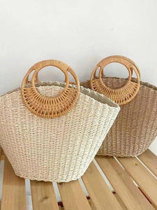 <b>Summer</b> Solid Color <b>Straw</b> <b>Bag</b> with Rattan Handle Open Closure Wholesale - Product Image 5