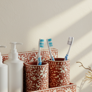 Kit de rangement floral artisanal pour salle de bain, esthétique terre cuite, étagère flottante pour meuble-lavabo avec gobelets à brosse à dents assortis - Product Image 2