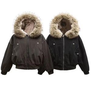 Veste imperméable en peau de mouton rembourrée en coton à capuche avec empiècements noirs Cleanfit Y2K américaine pour hommes et femmes, style Harajuku rétro hip-hop populaire - Product Image 1