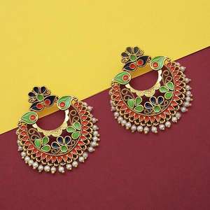 Kriaa Fine <b>Cuff</b> <b>Earrings</b> Multicolor Meenakari Gold Plated Pearl Dangler 1314230F Model - Product Image 1