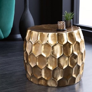 Contemporary Brass Honeycomb Side Table with Wood Top Handmade Metal <b>Frame</b> Modern Living Room Furniture - Product Image 1